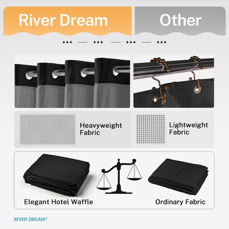 River Dream Black Shower Curain No Hooks Dotted Waffle Weave Shower Curtain with Snap in Liner - 71W x 74H,Hotel Grade,Spa Like Bath Curtain Set - Image 5
